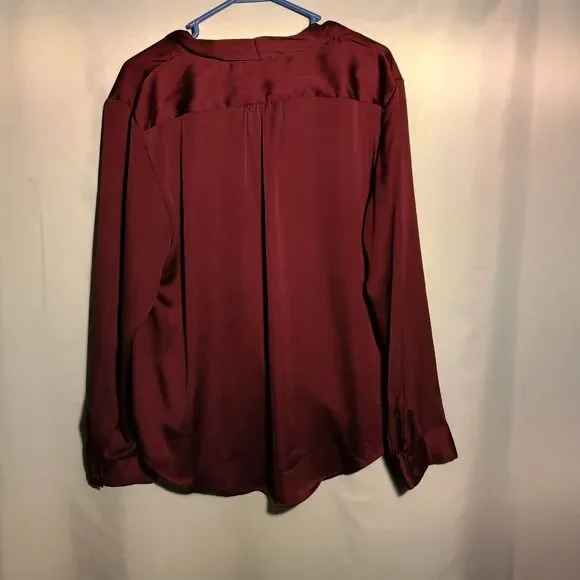Elegant Burgundy Satin Wrap Blouse – Long Sleeve V-Neck Top - Picture 4 of 4